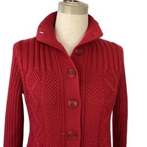 L.L. Bean Women's Signature Fisherman Sweater Cardigan Small Red Cable Knit